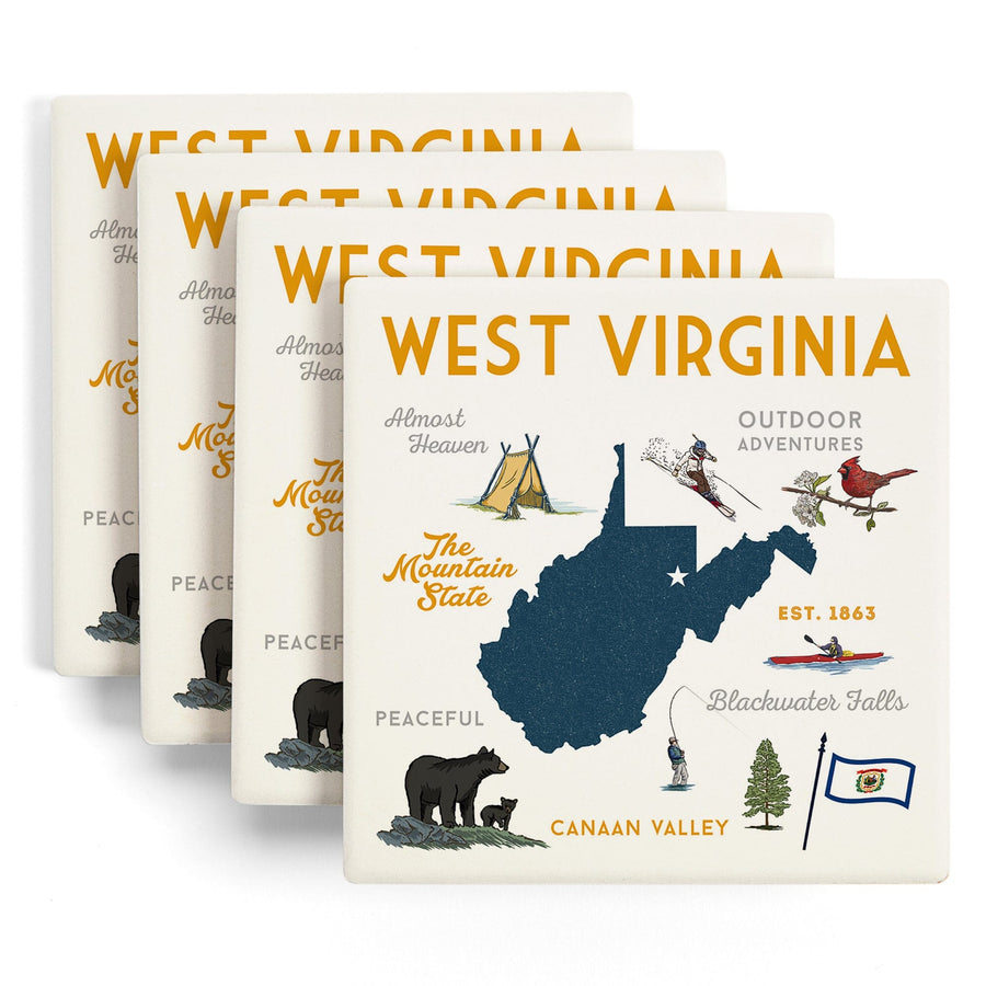 West Virginia, The Mountain State, Typography & Icons, Lantern Press Artwork, Coaster Set Coasters Lantern Press 