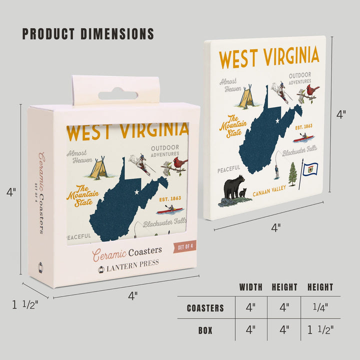 West Virginia, The Mountain State, Typography & Icons, Lantern Press Artwork, Coaster Set Coasters Lantern Press 