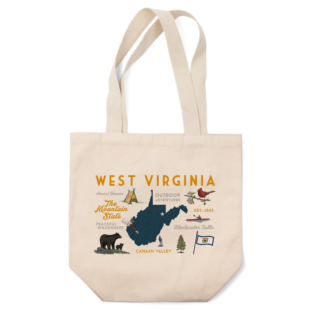 West Virginia, The Mountain State, Typography & Icons, Lantern Press Artwork, Tote Bag Totes Lantern Press 