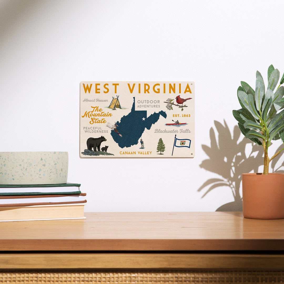 West Virginia, The Mountain State, Typography & Icons, Lantern Press Artwork, Wood Signs and Postcards Wood Lantern Press 