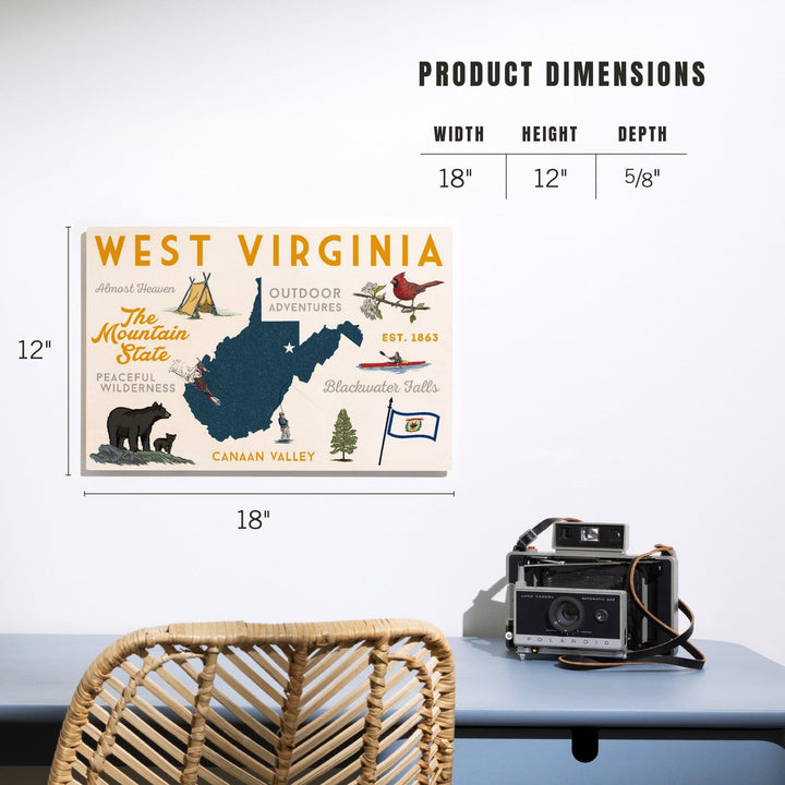 West Virginia, The Mountain State, Typography & Icons, Lantern Press Artwork, Wood Signs and Postcards Wood Lantern Press 