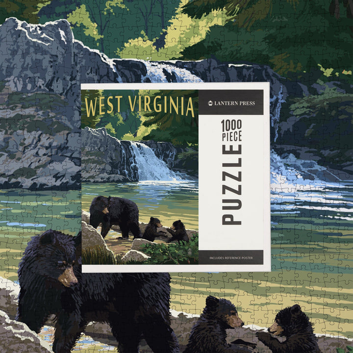 West Virginia, Waterfall and Bears, Jigsaw Puzzle Puzzle Lantern Press 