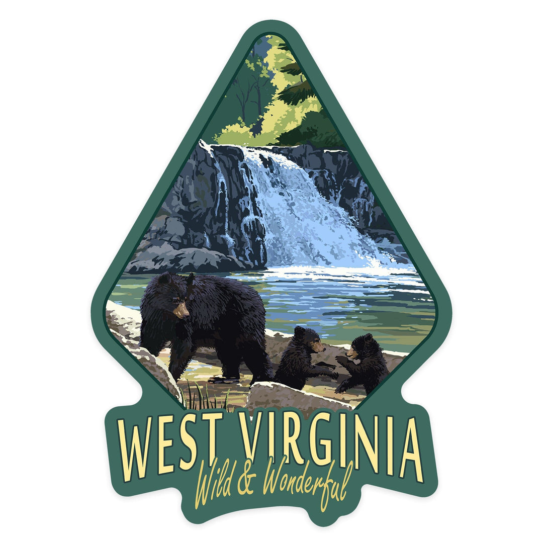 West Virginia, Wild and Wonderful, Waterfall and Bears, Contour, Vinyl Sticker Sticker Lantern Press 