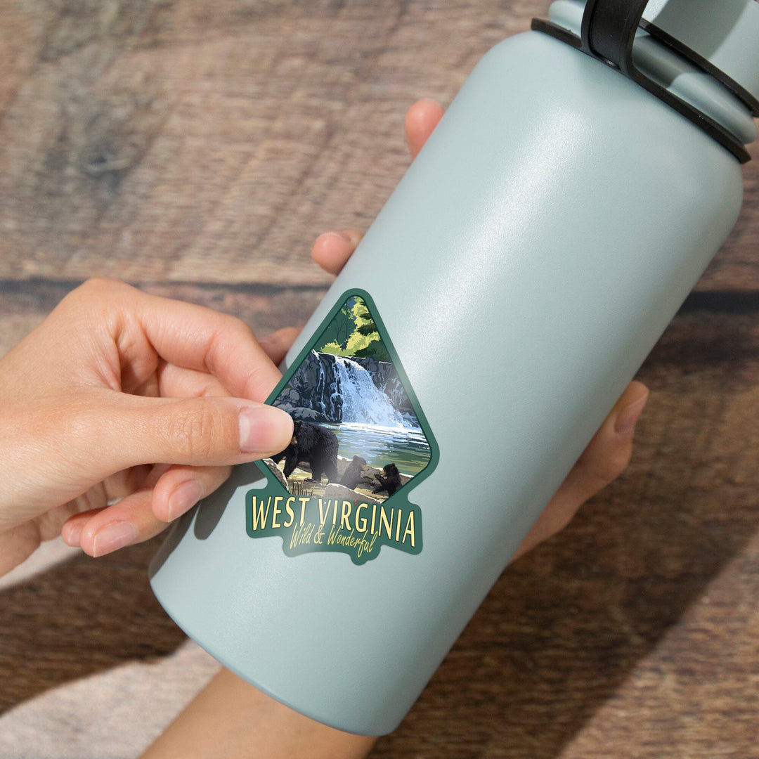 West Virginia, Wild and Wonderful, Waterfall and Bears, Contour, Vinyl Sticker Sticker Lantern Press 