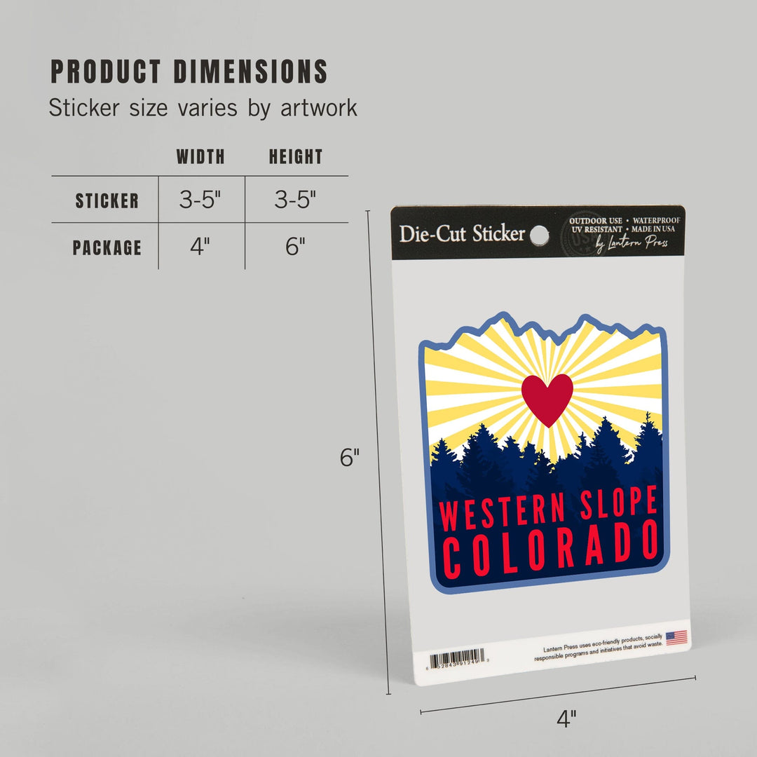 Western Slope, Colorado, Heart and Treeline Mountains, Contour, Vinyl Sticker Sticker Lantern Press 