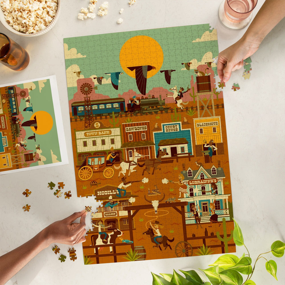 Western Town, Geometric, Jigsaw Puzzle Puzzle Lantern Press 