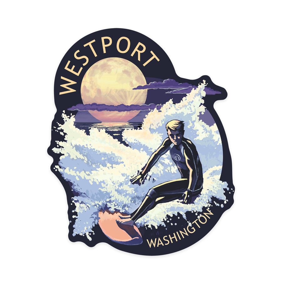 Westport, Washington, Night Surfer, Contour, Lantern Press Artwork, Vinyl Sticker Sticker Lantern Press 