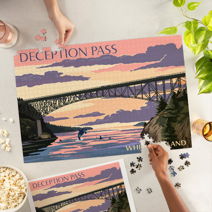 Whidbey Island, Washington, Deception Pass Bridge at Sunset, Jigsaw Puzzle Puzzle Lantern Press 