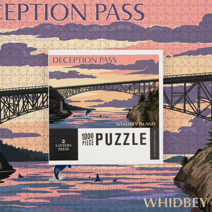 Whidbey Island, Washington, Deception Pass Bridge at Sunset, Jigsaw Puzzle Puzzle Lantern Press 