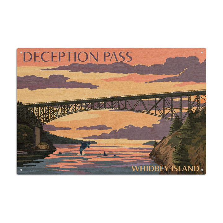Whidbey Island, Washington, Deception Pass Bridge at Sunset, Lantern Press Artwork, Wood Signs and Postcards Wood Lantern Press 10 x 15 Wood Sign 