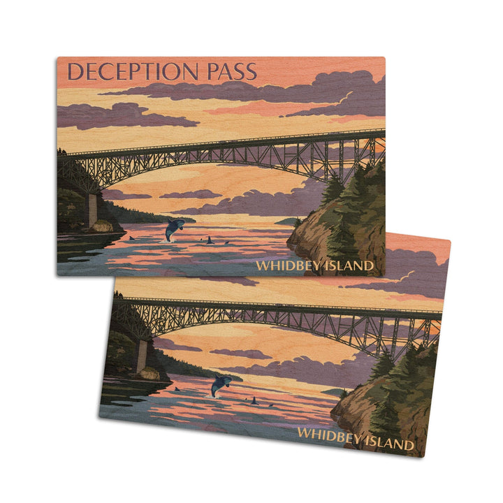 Whidbey Island, Washington, Deception Pass Bridge at Sunset, Lantern Press Artwork, Wood Signs and Postcards Wood Lantern Press 4x6 Wood Postcard Set 