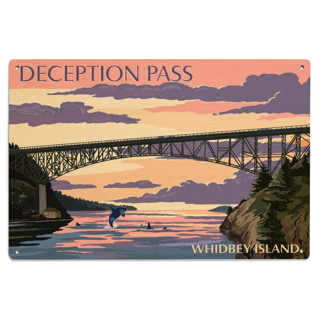 Whidbey Island, Washington, Deception Pass Bridge at Sunset, Lantern Press Artwork, Wood Signs and Postcards Wood Lantern Press 