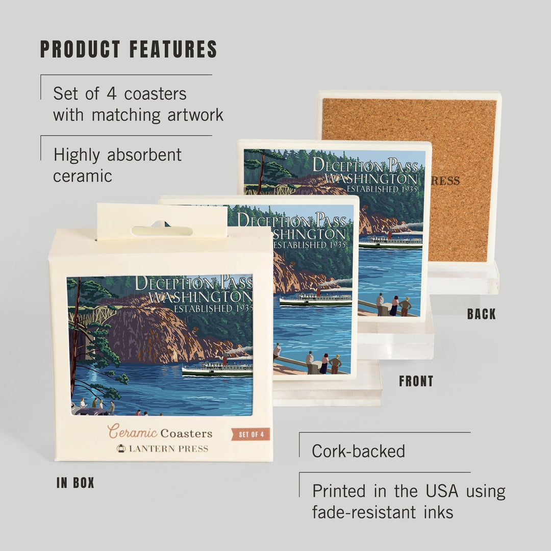 Whidbey Island, Washington, Deception Pass Bridge, Lantern Press Artwork, Coaster Set Coasters Lantern Press 