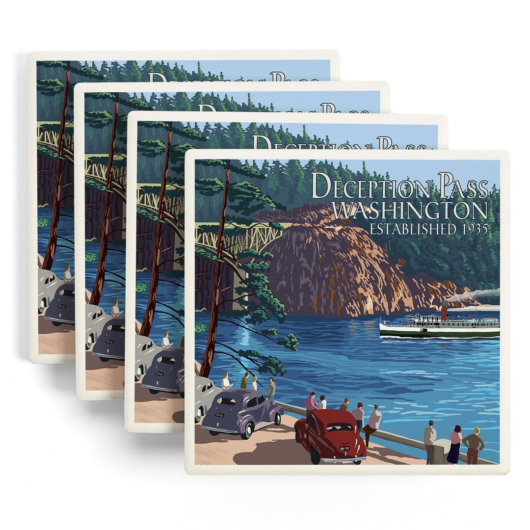 Whidbey Island, Washington, Deception Pass Bridge, Lantern Press Artwork, Coaster Set Coasters Lantern Press 