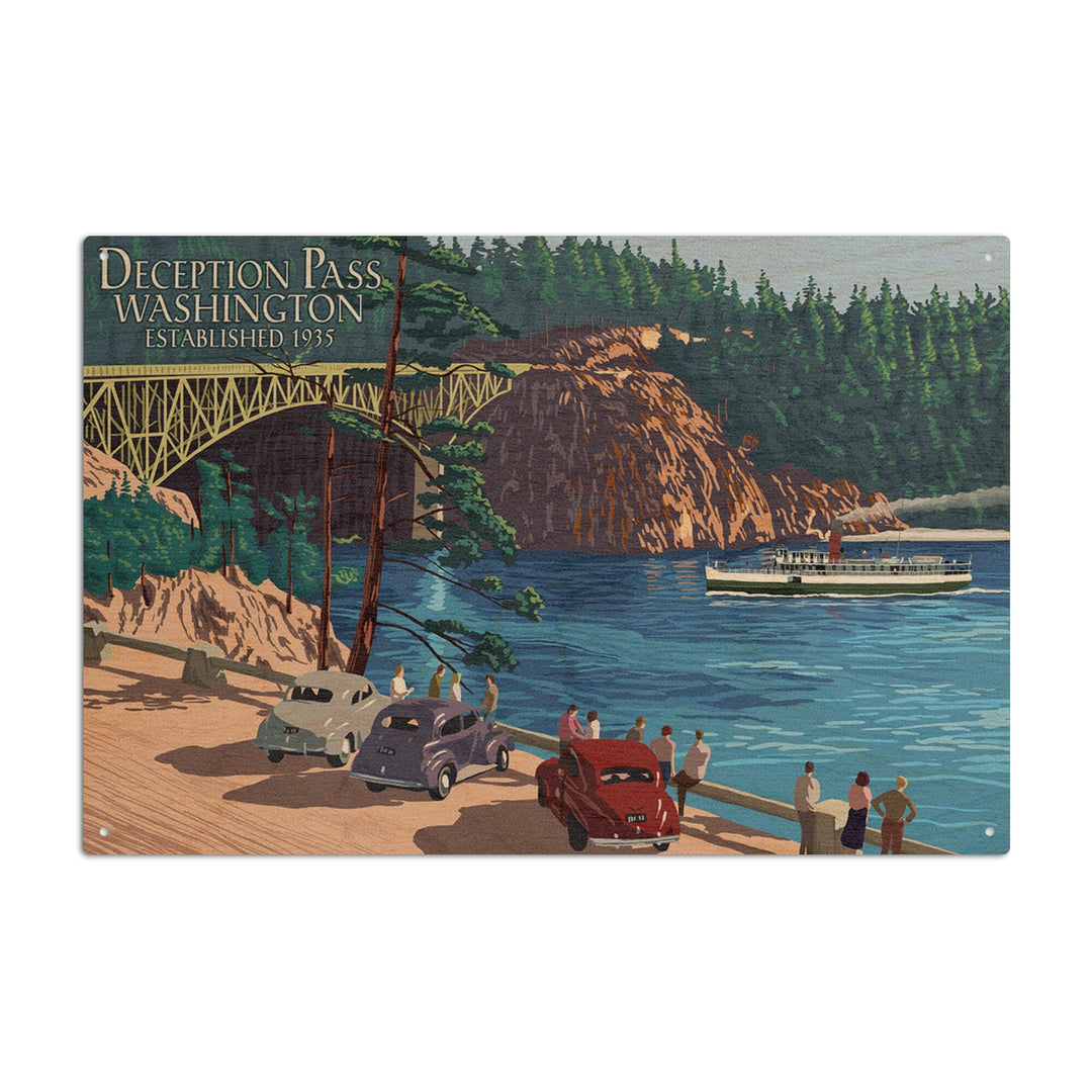 Whidbey Island, Washington, Deception Pass Bridge, Lantern Press Artwork, Wood Signs and Postcards Wood Lantern Press 6x9 Wood Sign 
