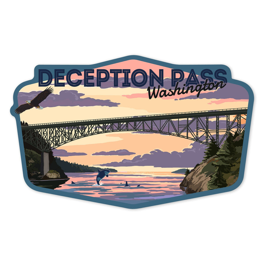 Whidbey Island, Washington, Deception Pass, Eagle & Orcas at Sunset, Contour, Lantern Press Artwork, Vinyl Sticker Sticker Lantern Press 