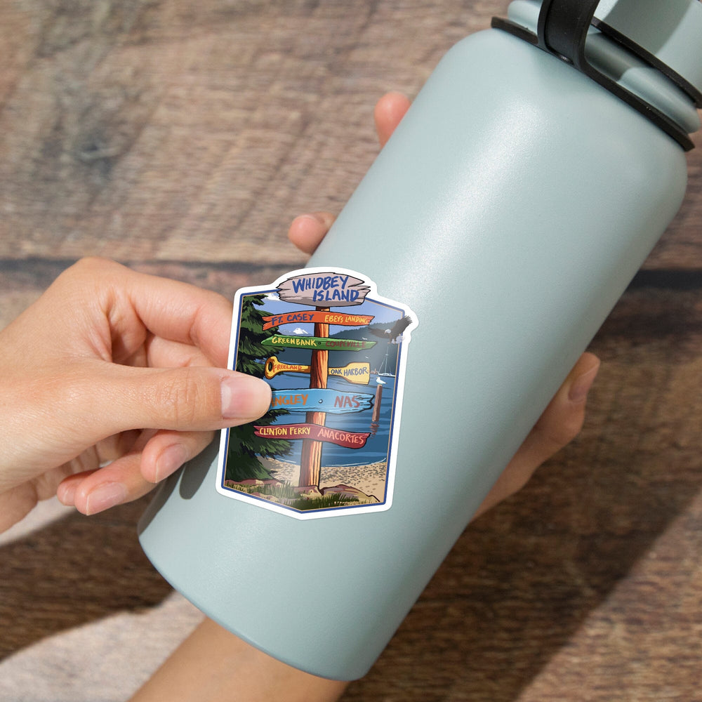 Whidbey Island, Washington, Destination Signpost, Contour, Lantern Press Artwork, Vinyl Sticker Sticker Lantern Press 