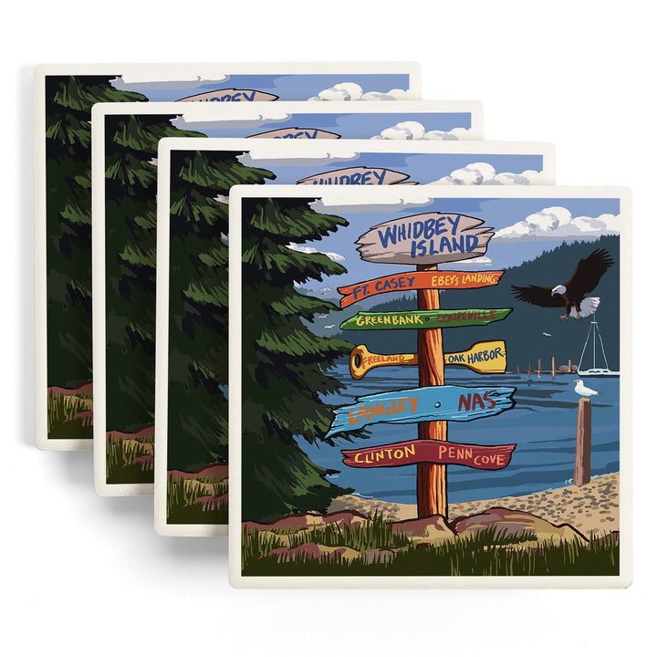 Whidbey Island, Washington, Destination Signpost, Lantern Press Artwork, Coaster Set Coasters Lantern Press 