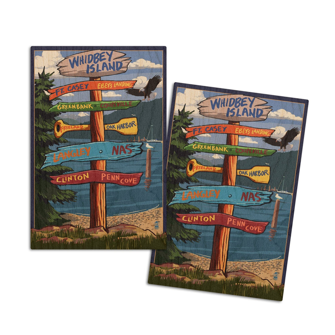 Whidbey Island, Washington, Destination Signpost, Lantern Press Artwork, Wood Signs and Postcards Wood Lantern Press 4x6 Wood Postcard Set 