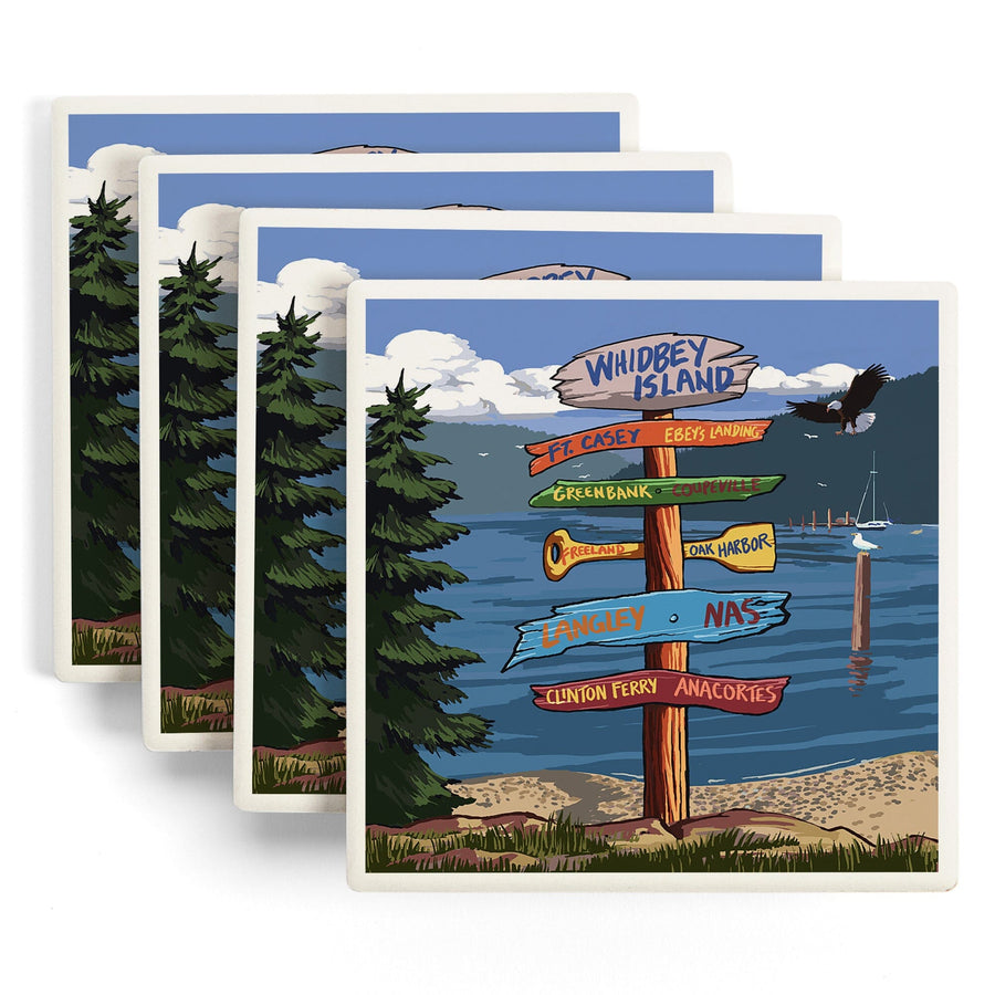 Whidbey Island, Washington, Destinations Sign, Lantern Press Artwork, Coaster Set Coasters Lantern Press 