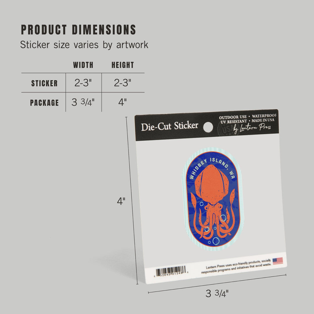 Whidbey Island, Washington, Dockside Series, Squid, Contour, Vinyl Sticker Sticker Lantern Press 