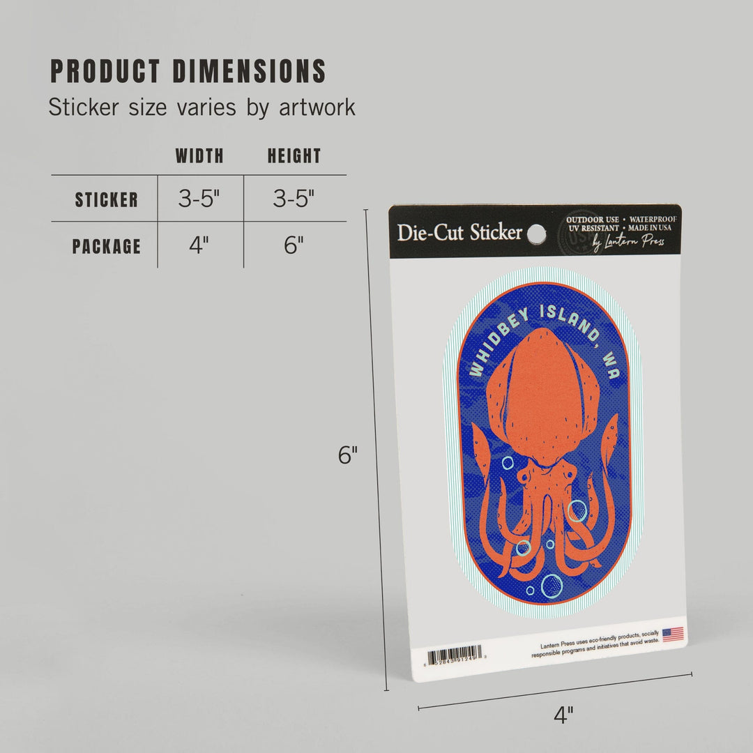 Whidbey Island, Washington, Dockside Series, Squid, Contour, Vinyl Sticker Sticker Lantern Press 