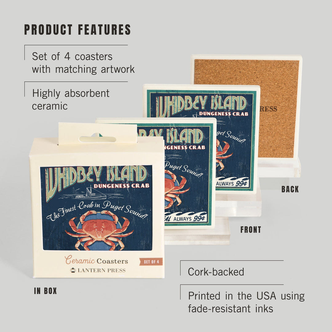 Whidbey Island, Washington, Dungeness Crab Vintage Sign, Coasters Coasters Lantern Press 