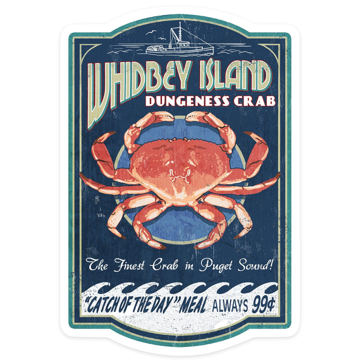 Whidbey Island, Washington, Dungeness Crab, Vintage Sign, Contour, Vinyl Sticker Sticker Lantern Press 