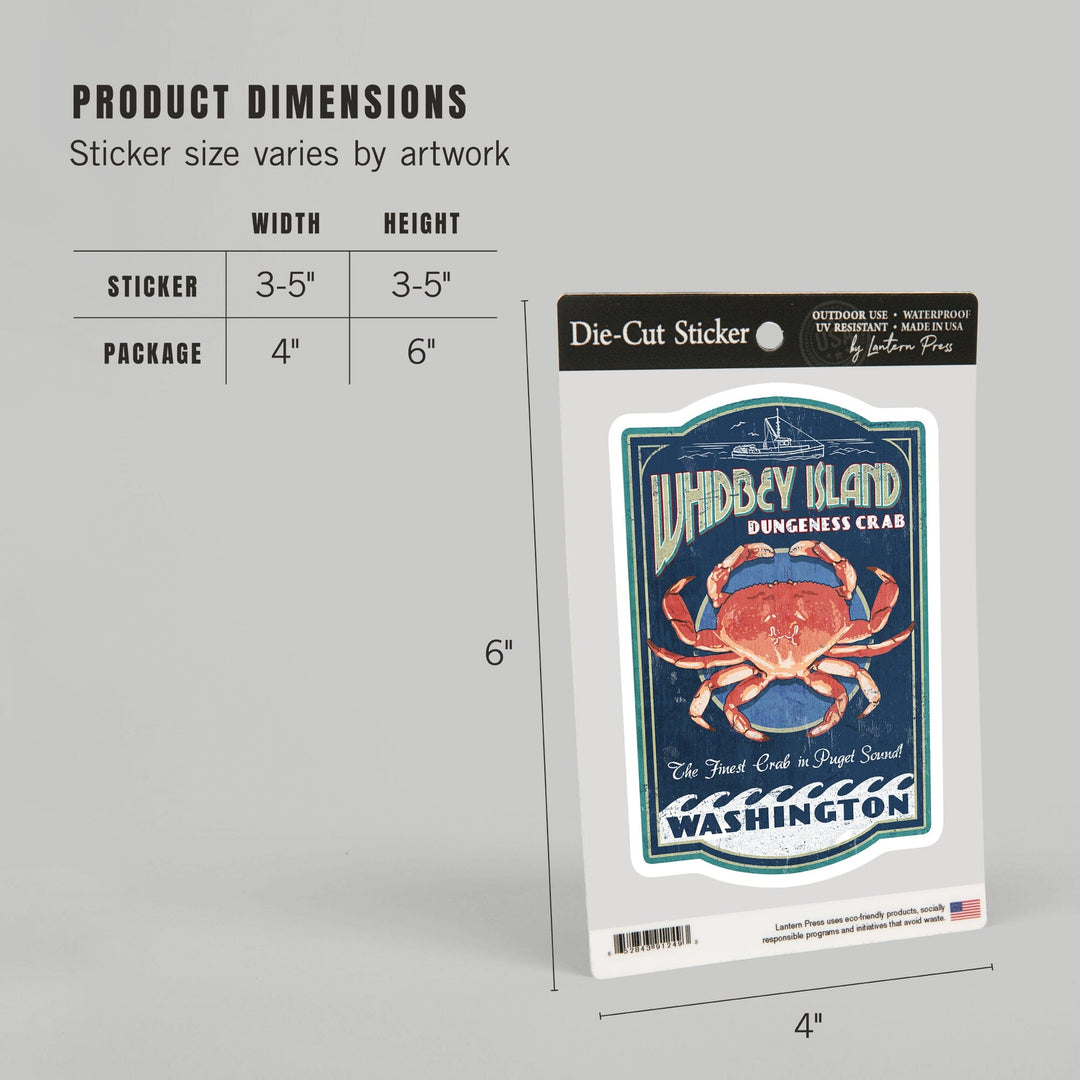 Whidbey Island, Washington, Dungeness Crab Vintage Sign, Contour, Vinyl Sticker Sticker Lantern Press 