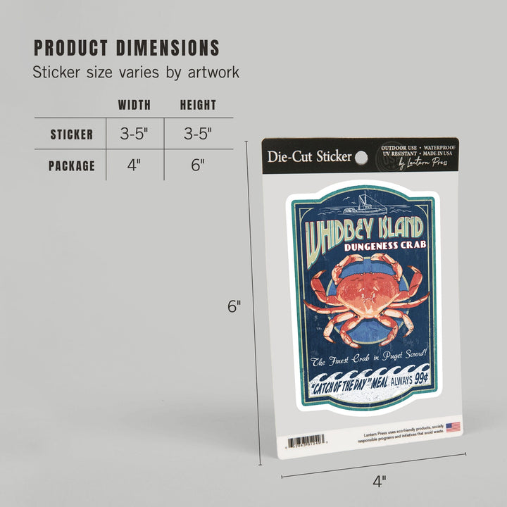 Whidbey Island, Washington, Dungeness Crab, Vintage Sign, Contour, Vinyl Sticker Sticker Lantern Press 