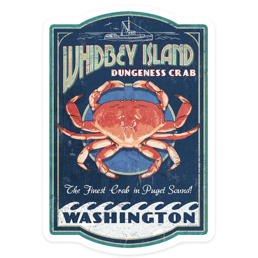 Whidbey Island, Washington, Dungeness Crab Vintage Sign, Contour, Vinyl Sticker Sticker Lantern Press 