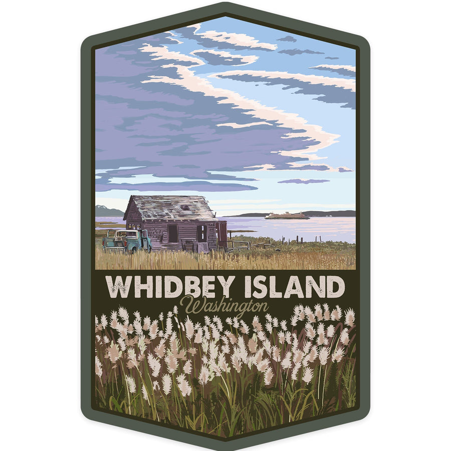 Whidbey Island, Washington, Farm & Ferry Scene, Contour, Lantern Press Artwork, Vinyl Sticker Sticker Lantern Press 