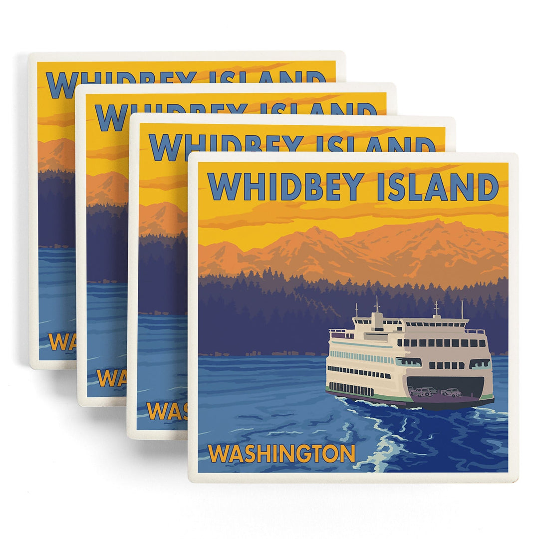 Whidbey Island, Washington, Ferry and Mountains, Lantern Press Artwork, Coaster Set Coasters Lantern Press 