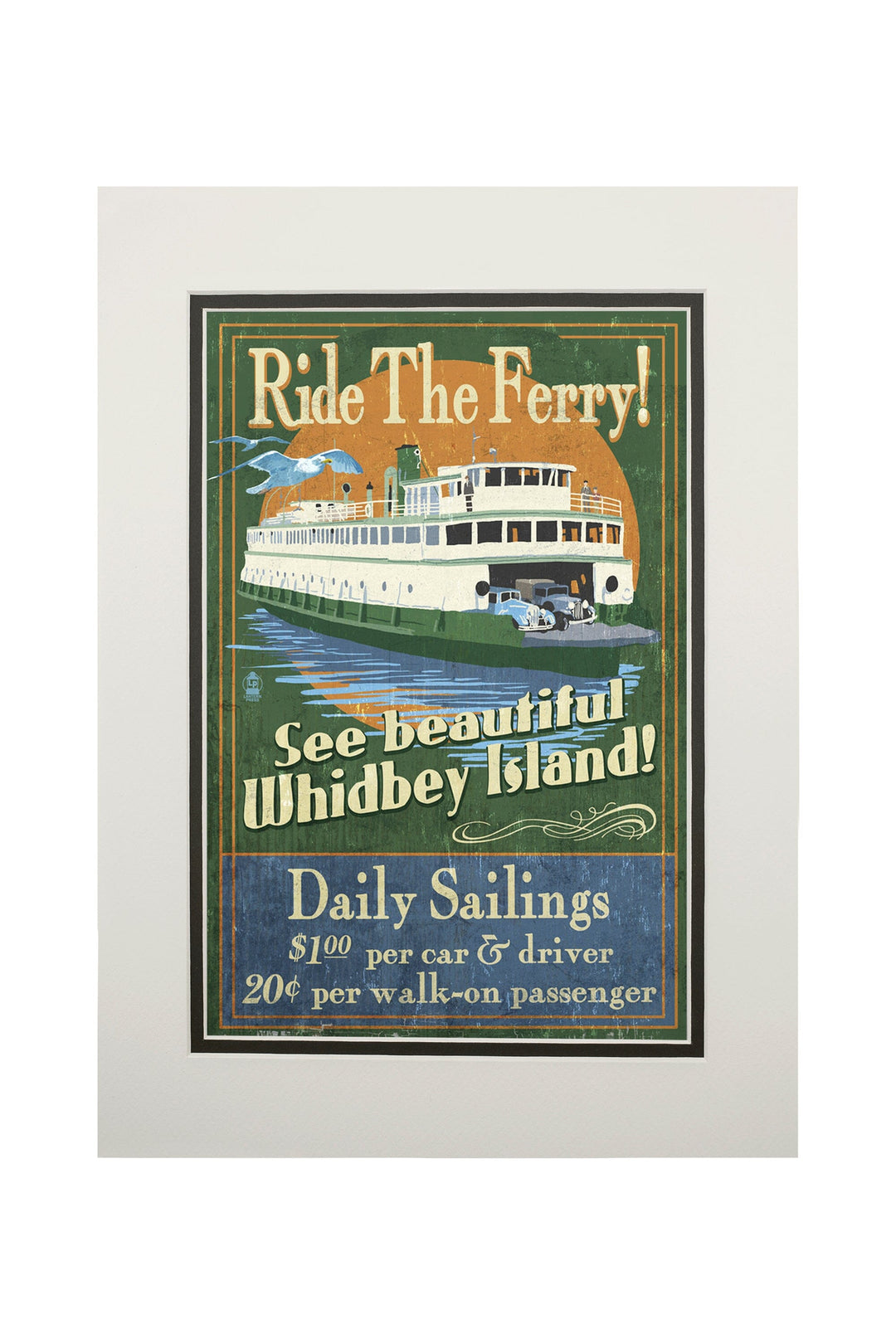 Whidbey Island, Washington, Ferry Vintage Sign Art Lantern Press 11 x 14 Matted Art Print 