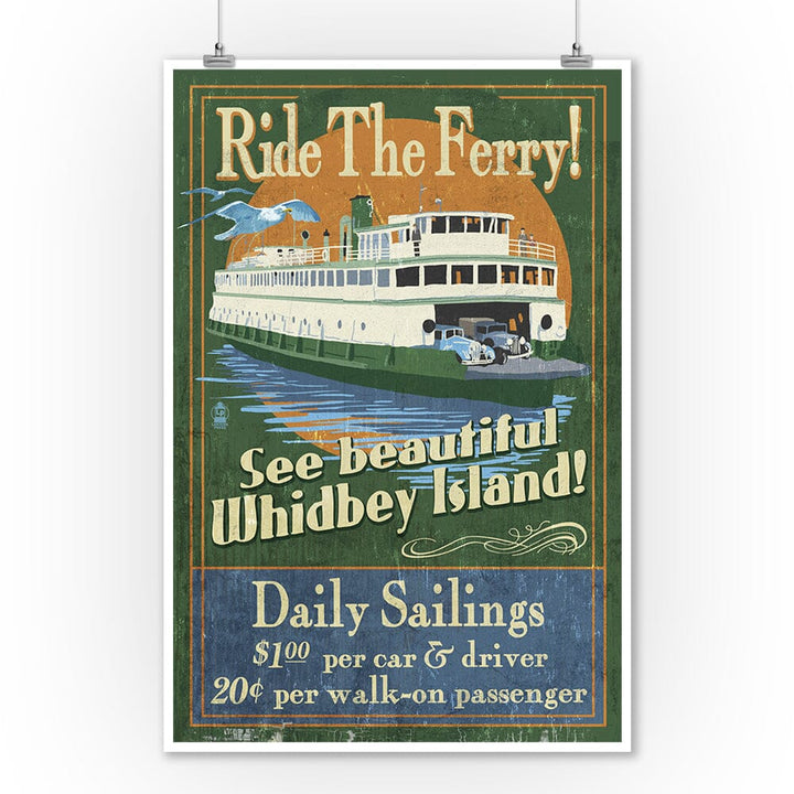 Whidbey Island, Washington, Ferry Vintage Sign Art Lantern Press 12 x 18 Art Print 