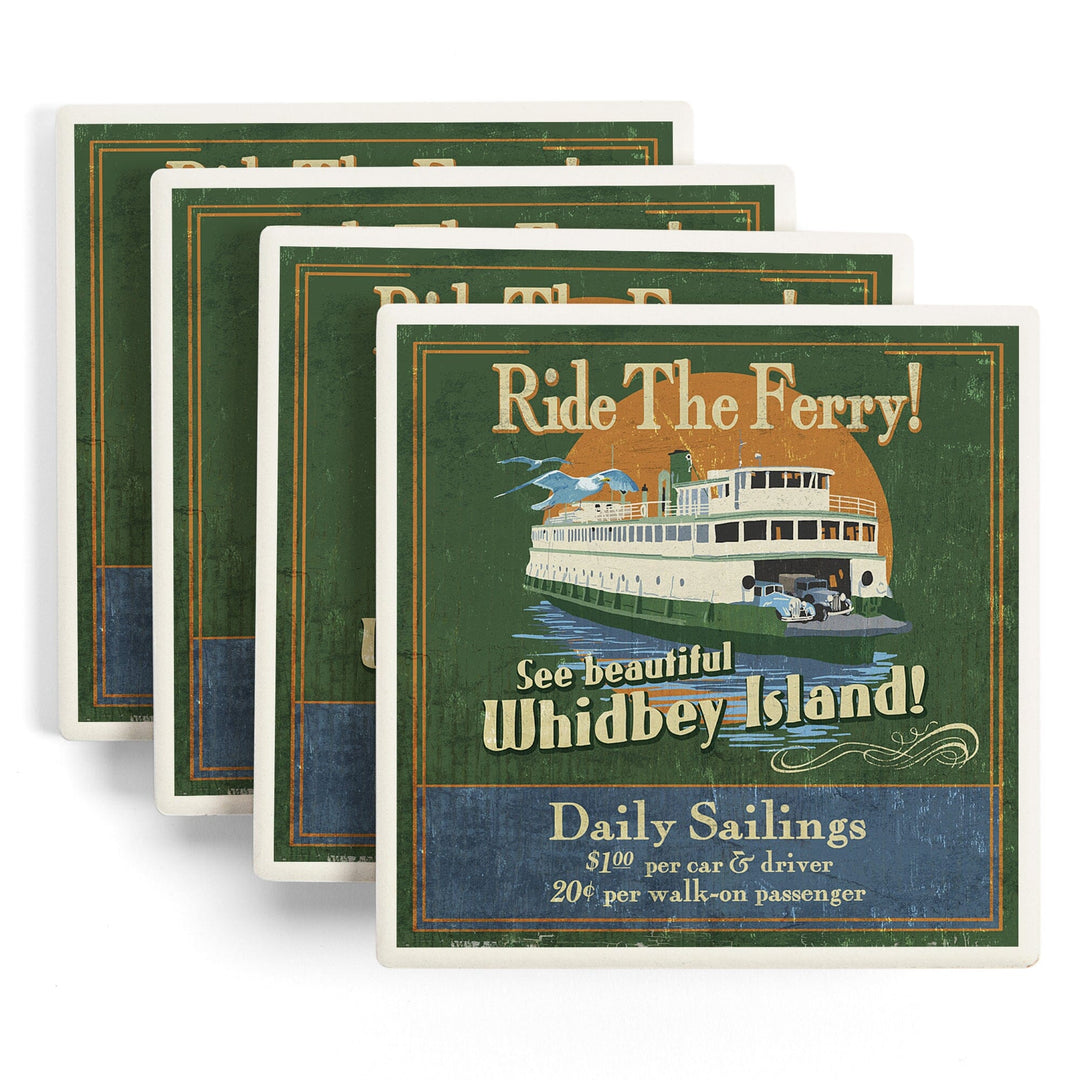 Whidbey Island, Washington, Ferry Vintage Sign, Coasters Coasters Lantern Press 