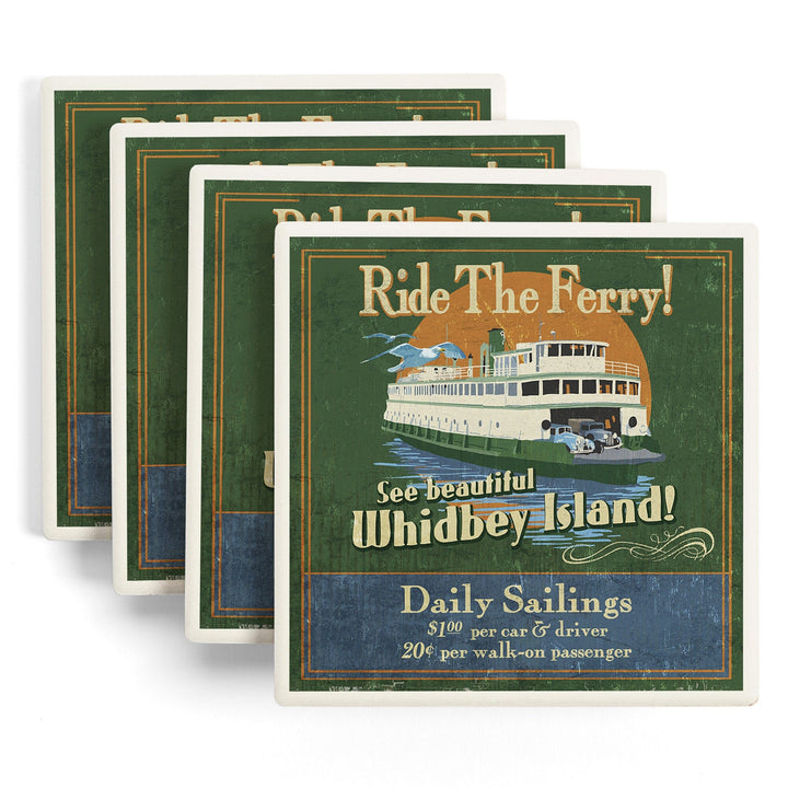 Whidbey Island, Washington, Ferry Vintage Sign, Coasters Coasters Lantern Press 