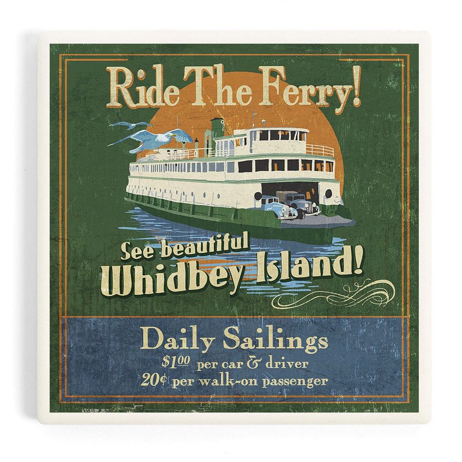 Whidbey Island, Washington, Ferry Vintage Sign, Coasters Coasters Lantern Press 