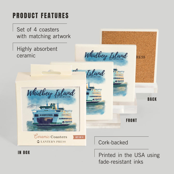 Whidbey Island, Washington, Ferry, Watercolor, Lantern Press Artwork, Coaster Set Coasters Lantern Press 