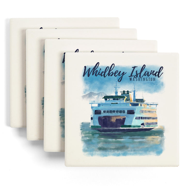 Whidbey Island, Washington, Ferry, Watercolor, Lantern Press Artwork, Coaster Set Coasters Lantern Press 