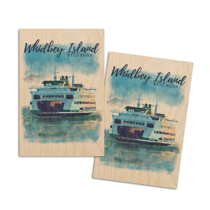 Whidbey Island, Washington, Ferry, Watercolor, Lantern Press Artwork, Wood Signs and Postcards Wood Lantern Press 4x6 Wood Postcard Set 