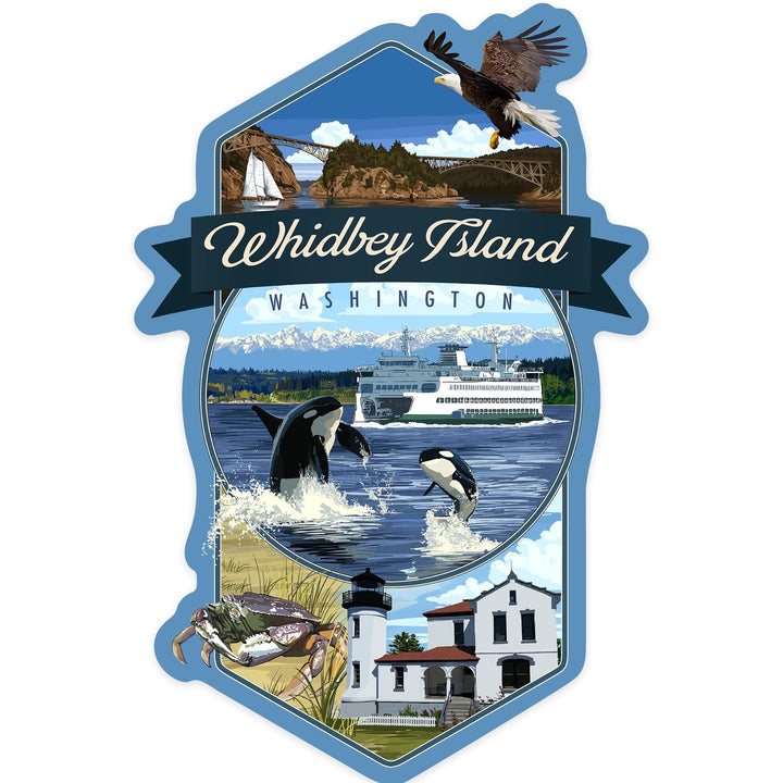 Whidbey Island, Washington, Montage, Contour, Lantern Press Artwork, Vinyl Sticker Sticker Lantern Press 