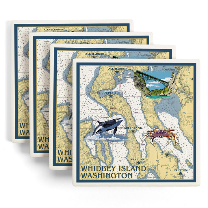 Whidbey Island, Washington, Nautical Chart, Lantern Press Artwork, Coaster Set Coasters Lantern Press 