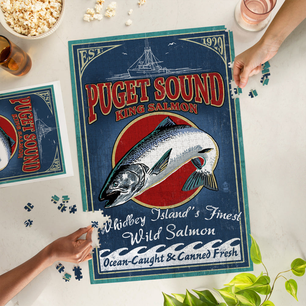 Whidbey Island, Washington, Salmon Vintage Sign, Jigsaw Puzzle Puzzle Lantern Press 