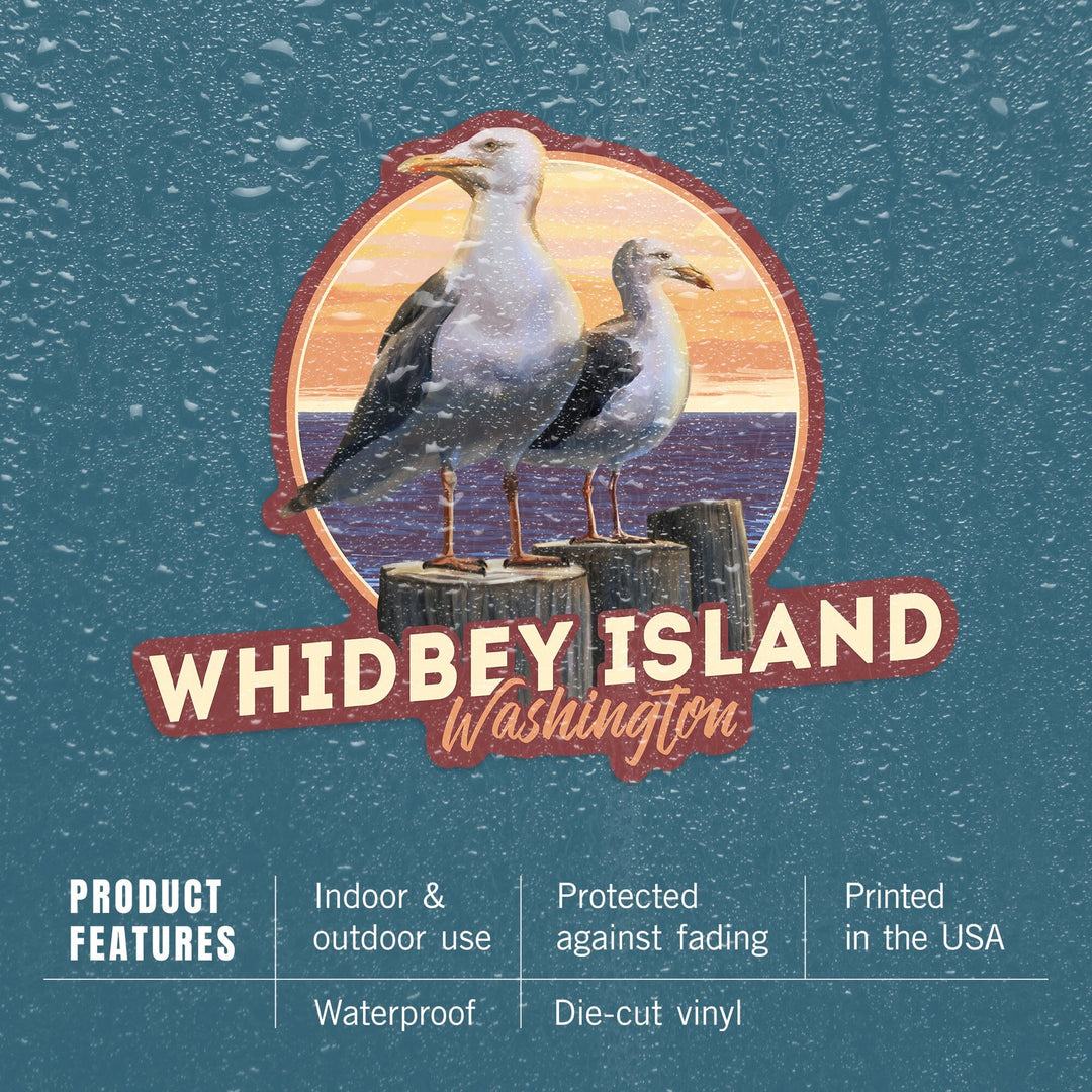 Whidbey Island, Washington, Seagulls on Pier, Contour, Vinyl Sticker Sticker Lantern Press 