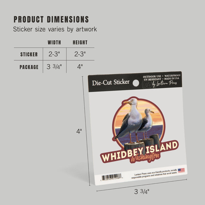 Whidbey Island, Washington, Seagulls on Pier, Contour, Vinyl Sticker Sticker Lantern Press 