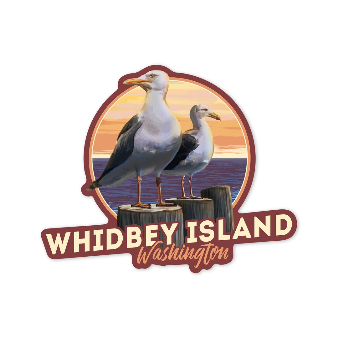 Whidbey Island, Washington, Seagulls on Pier, Contour, Vinyl Sticker Sticker Lantern Press 