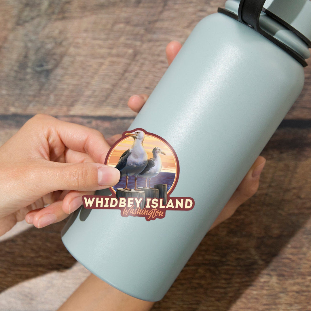 Whidbey Island, Washington, Seagulls on Pier, Contour, Vinyl Sticker Sticker Lantern Press 