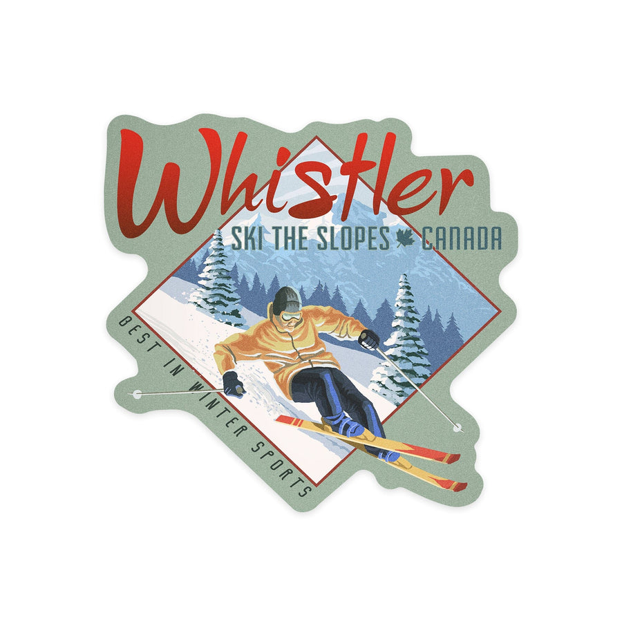 Whistler, British Columbia, Canada, Ski The Slopes, Downhill Snow Skier, Contour, Vinyl Sticker Sticker Lantern Press 