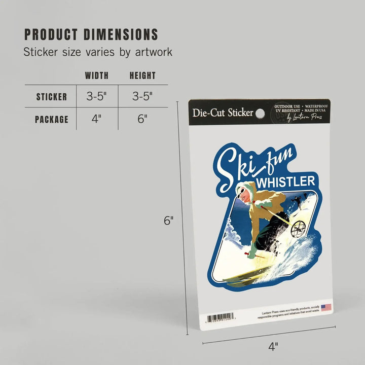 Whistler, British Columbia, Canada, Vintage Skier, Contour, Lantern Press Artwork, Vinyl Sticker Sticker Lantern Press 